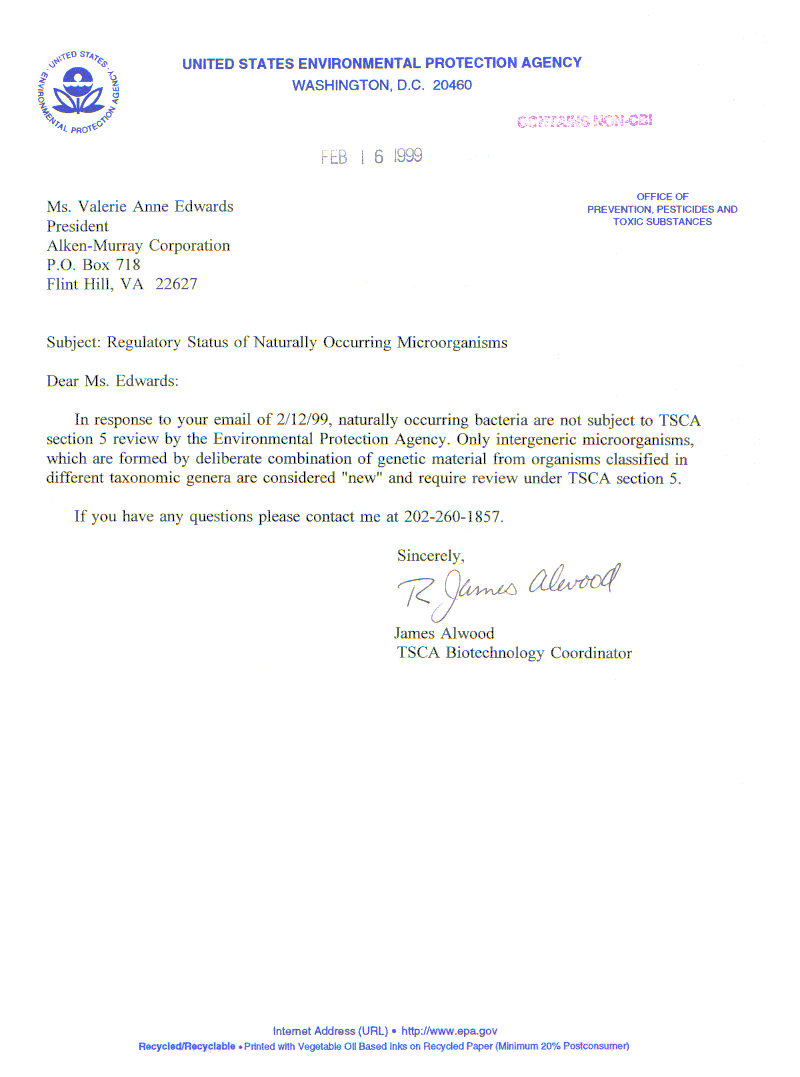 Direct scan of letter from the US EPA to Alken-Murray Corporation, detailing why non-mutated bacteria are not regulated