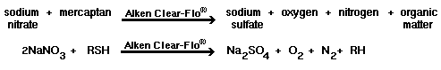 sodium nitrate + mercaptan + Alken Clear-Flo = sodium sulfate + oxygen + nitrogen + organic matter