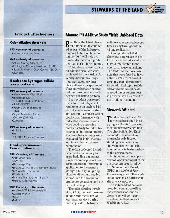 article from Checkoff winter 2001 on NPPC pig manure pit additives, included Alken-Murray's Enz-Odor 5 as one of 4 products to reduce odor
